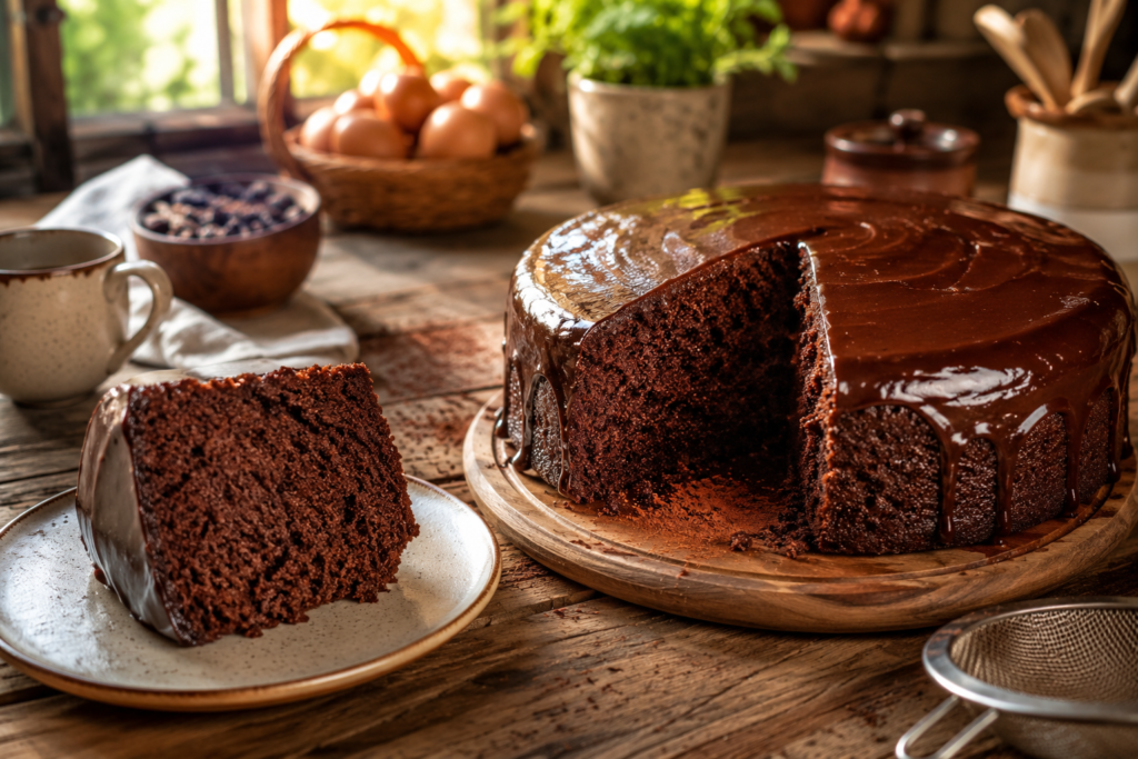 Bolo de chocolate fofinho caseiro com cobertura brilhante de ganache escorrendo levemente, fatia cortada mostrando massa macia e úmida sobre mesa rústica iluminada pela luz natural da manhã.