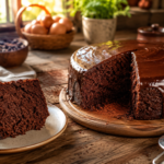 Bolo de chocolate fofinho caseiro com cobertura brilhante de ganache escorrendo levemente, fatia cortada mostrando massa macia e úmida sobre mesa rústica iluminada pela luz natural da manhã.