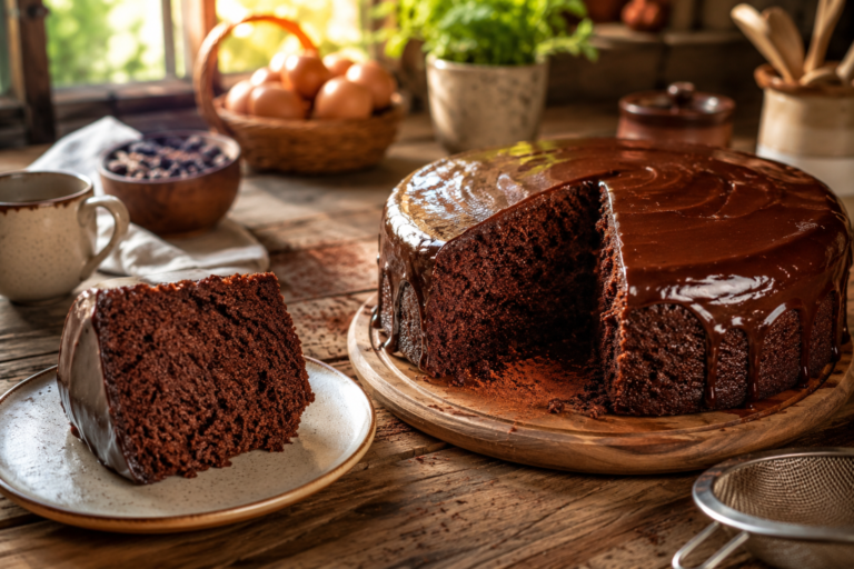Bolo de chocolate fofinho caseiro com cobertura brilhante de ganache escorrendo levemente, fatia cortada mostrando massa macia e úmida sobre mesa rústica iluminada pela luz natural da manhã.