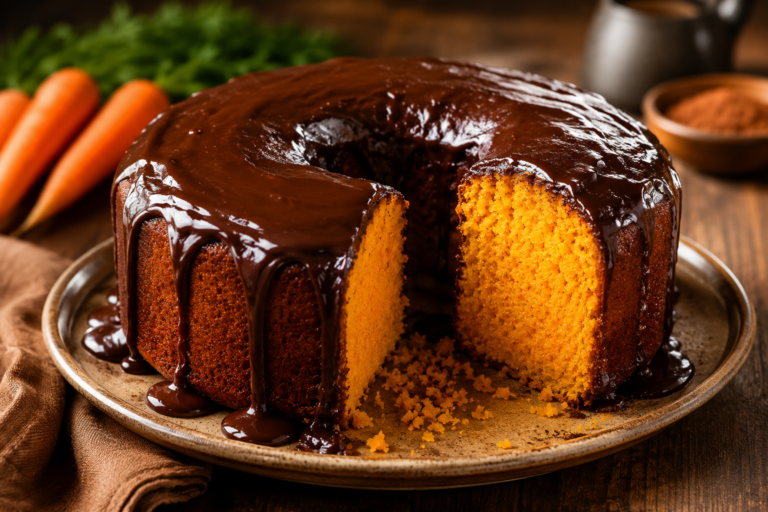 Bolo de cenoura fofinho com cobertura de chocolate brilhante servido sobre prato de cerâmica em mesa de madeira rústica.