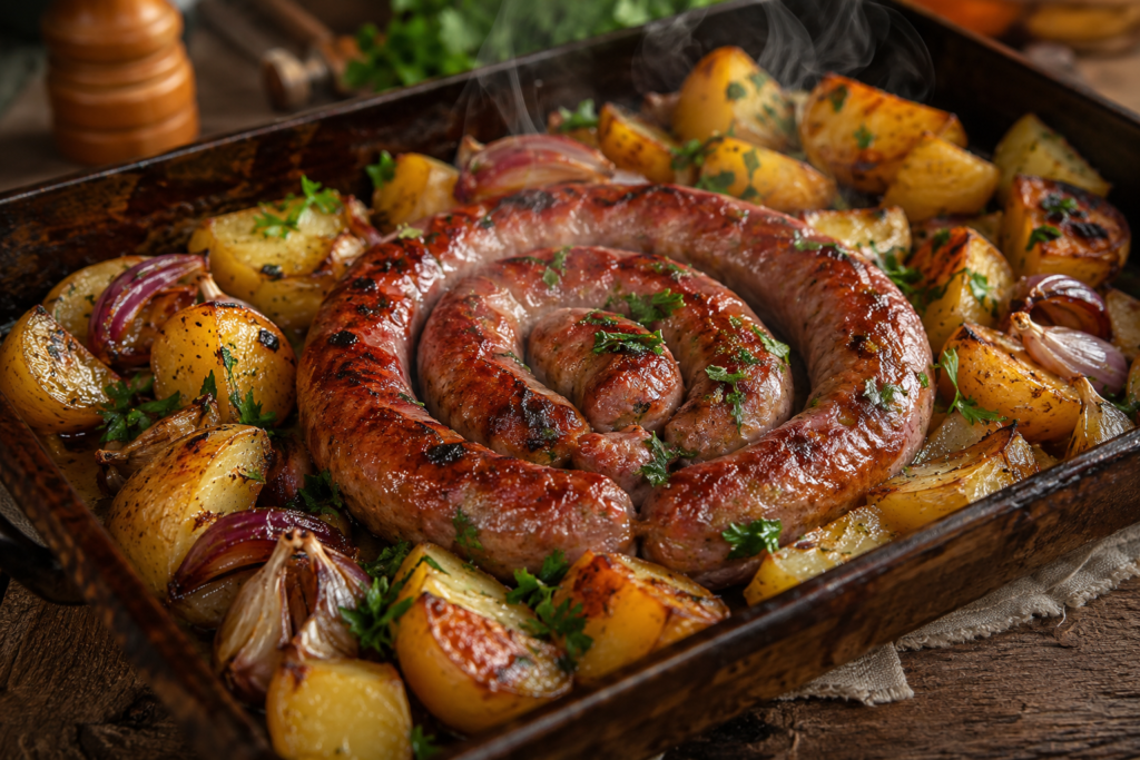 Travessa rústica com linguiça toscana assada acompanhada de batatas douradas, cebolas caramelizadas, alho assado e salsa fresca, com vapor subindo e iluminação natural aconchegante.