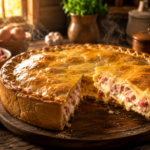 Torta caseira de presunto e queijo estilo padaria com massa dourada e crocante, fatia cortada mostrando recheio cremoso e queijo derretido puxando fios sobre mesa rústica iluminada pela luz natural.
