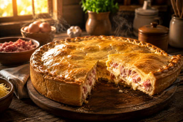 Torta caseira de presunto e queijo estilo padaria com massa dourada e crocante, fatia cortada mostrando recheio cremoso e queijo derretido puxando fios sobre mesa rústica iluminada pela luz natural.