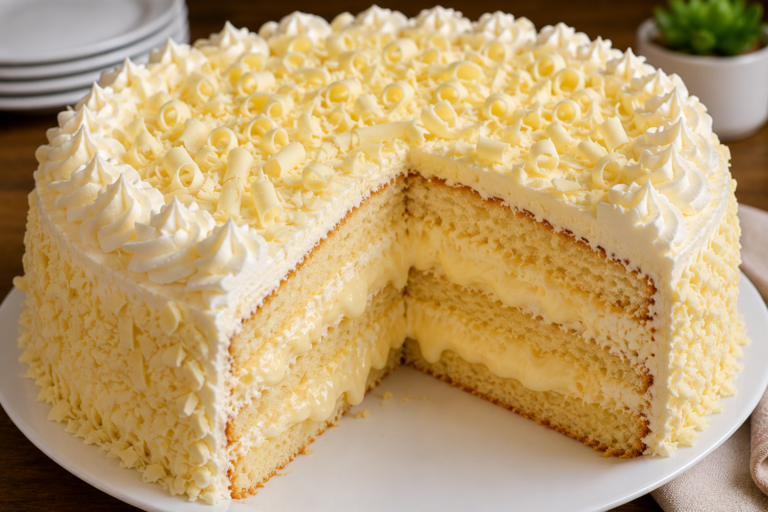 Bolo Dom Diê recheado com massa fofinha, creme branco e cobertura de chantilly decorada com raspas de chocolate branco.