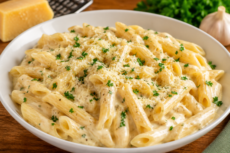 Prato de macarrão cremoso com molho de queijo, creme de leite, parmesão ralado e salsinha fresca servido em uma tigela branca.