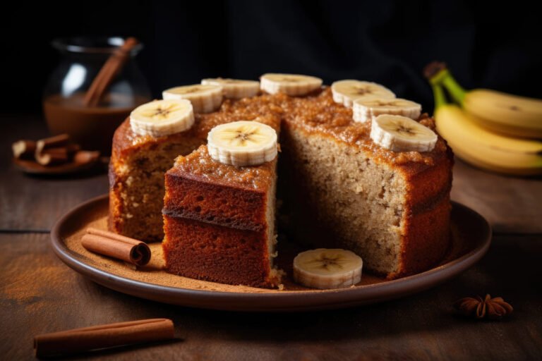 Bolo de banana com canela fofinho, dourado e servido em fatias