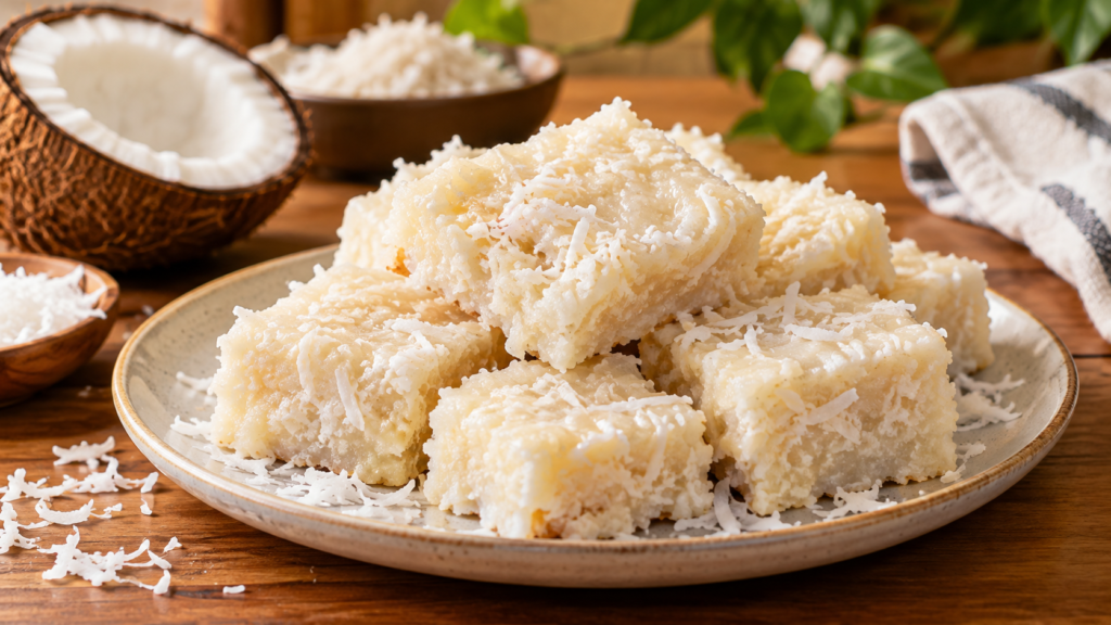 Cocada caseira cremosa de coco cortada em pedaços sobre um prato