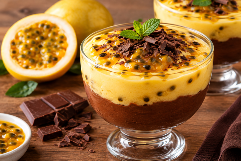 Mousse de maracujá com chocolate servido em taça de vidro, com camadas cremosas, polpa de maracujá e raspas de chocolate, acompanhado de frutas e pedaços de chocolate sobre mesa de madeira.